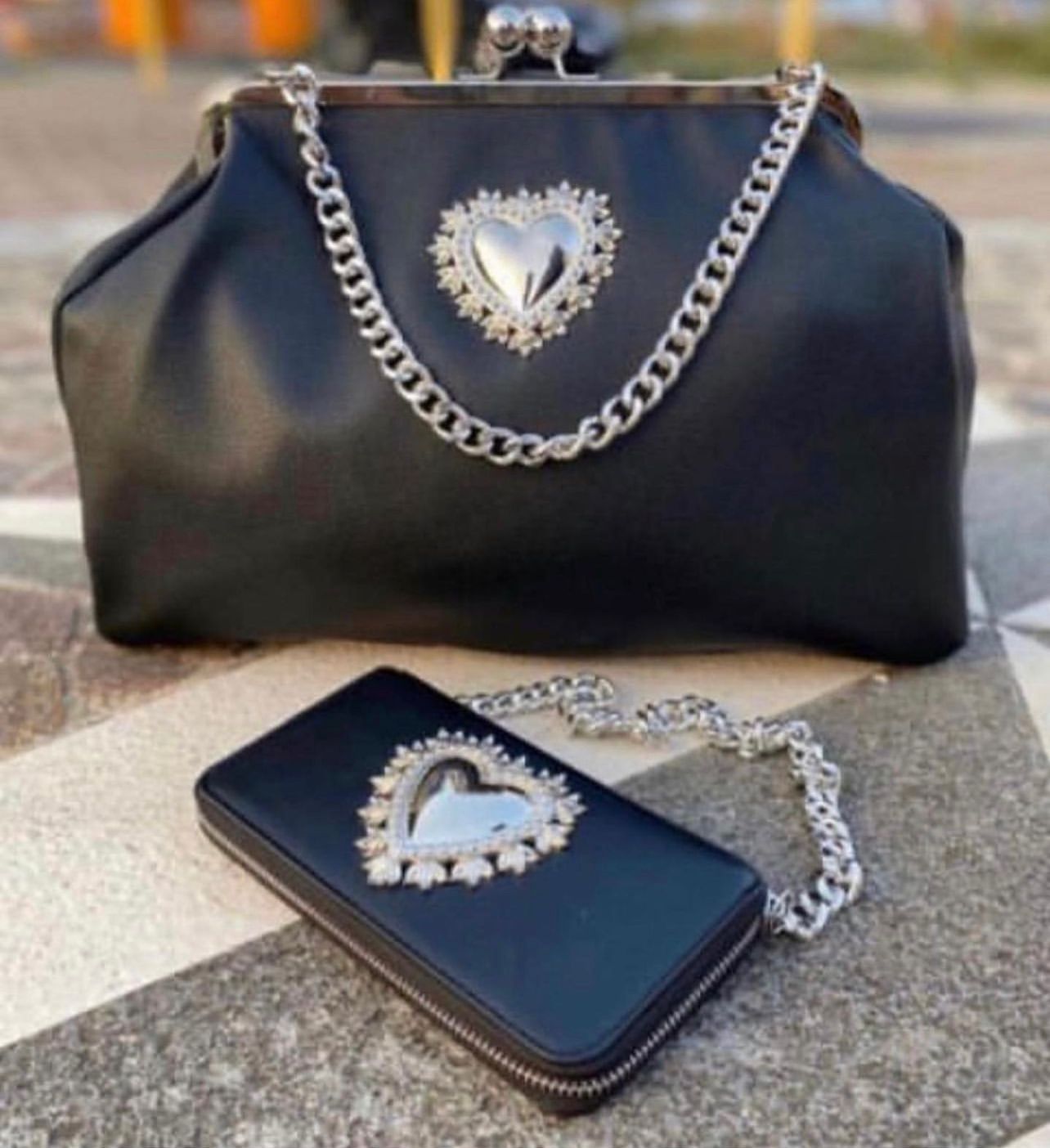 Borsa Nera Cuore e Catena Argento