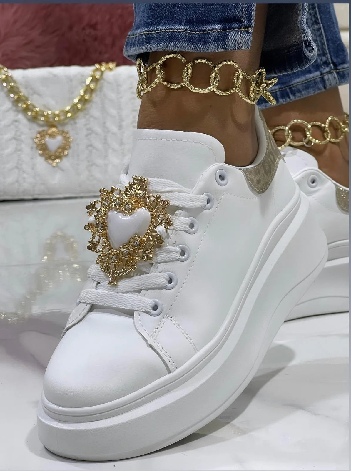 Sneakers Cuore Bianco Inserto Oro